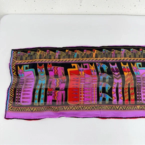 Laurel Burch Purple And Black Silk Cat Scarf 10.5 x 53” - Picture 6 of 12